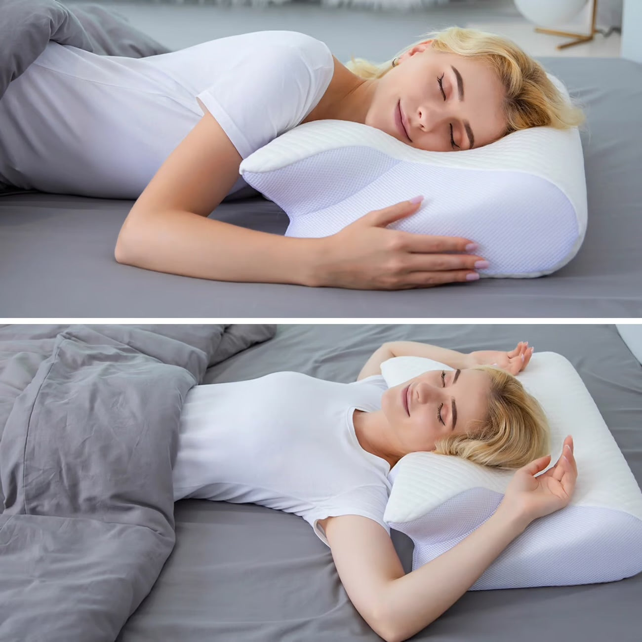Memory foam pillow demonstrating neck support and alignmen