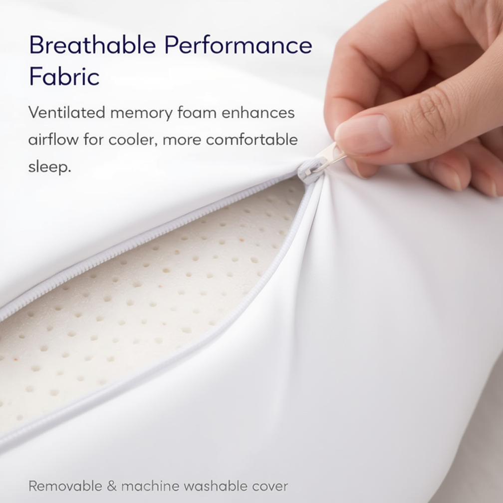 Hand zipping a mattress cover with text about breathable performance fabric and memory foam.