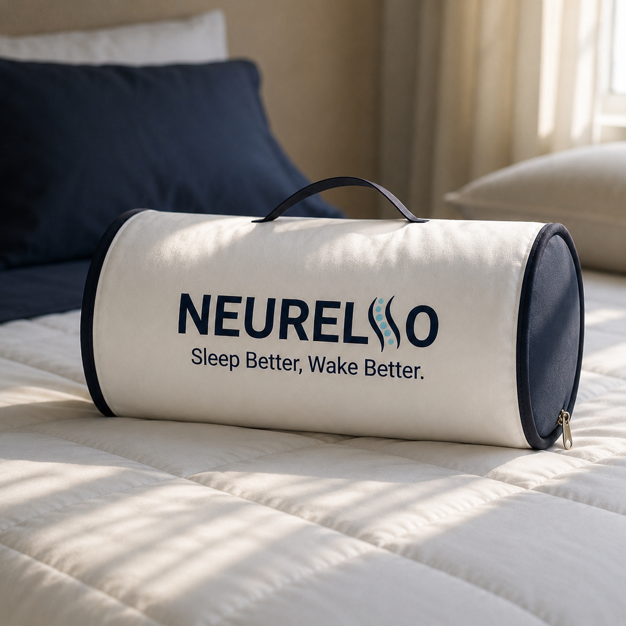Neurelso product on a bed with pillows and curtains in the background