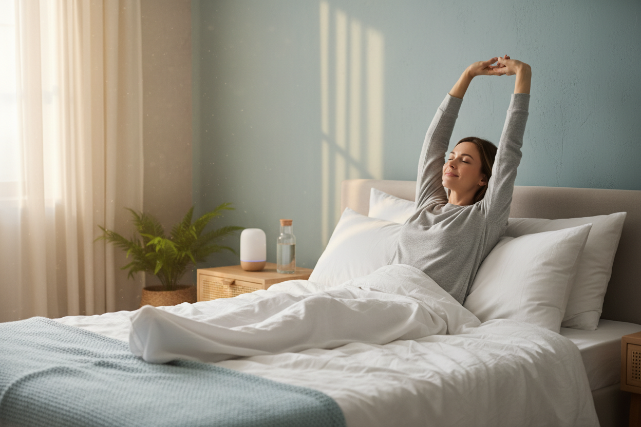 a woman waking well rested after a great night's sleep