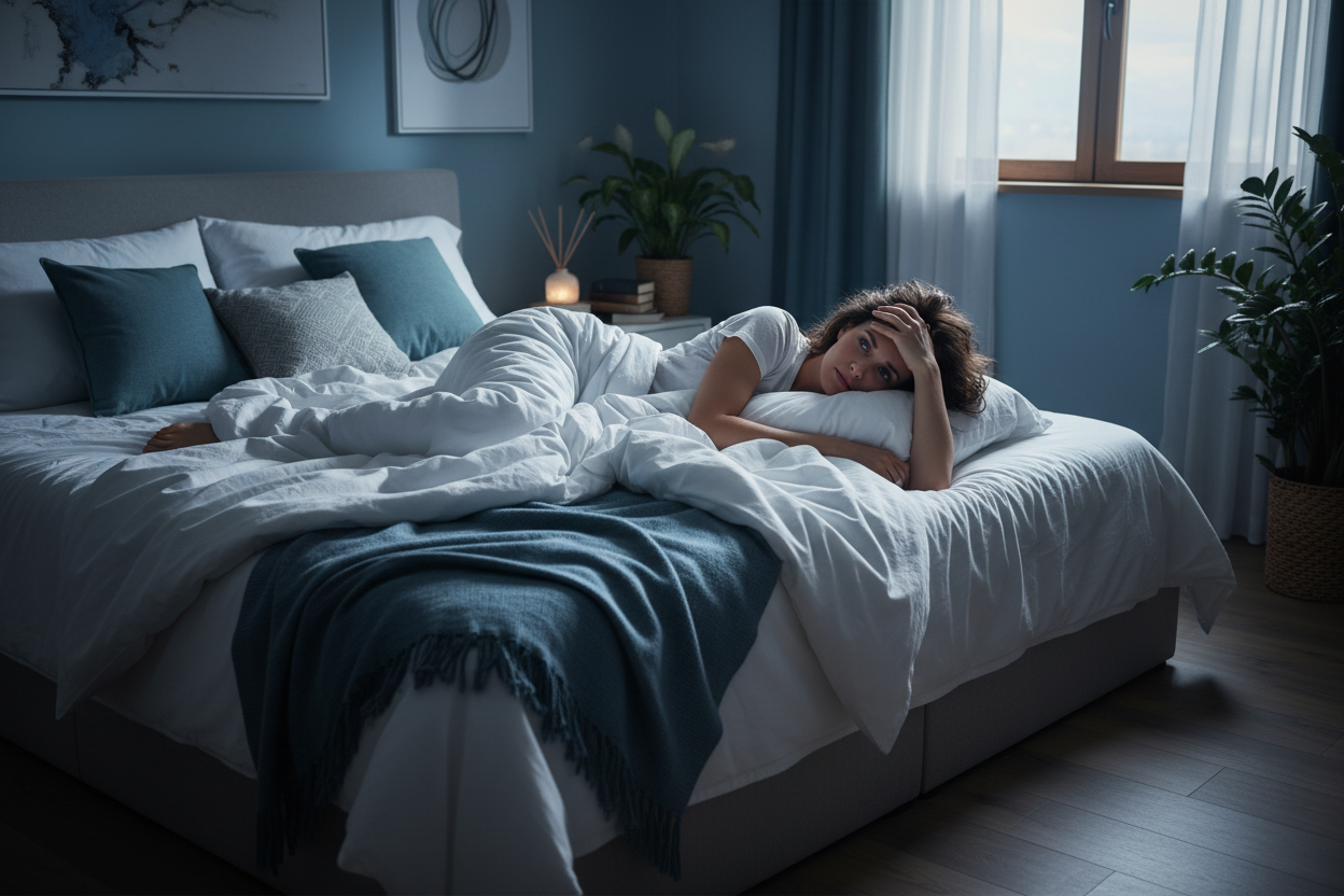 a woman who looks restless and cant fall asleep