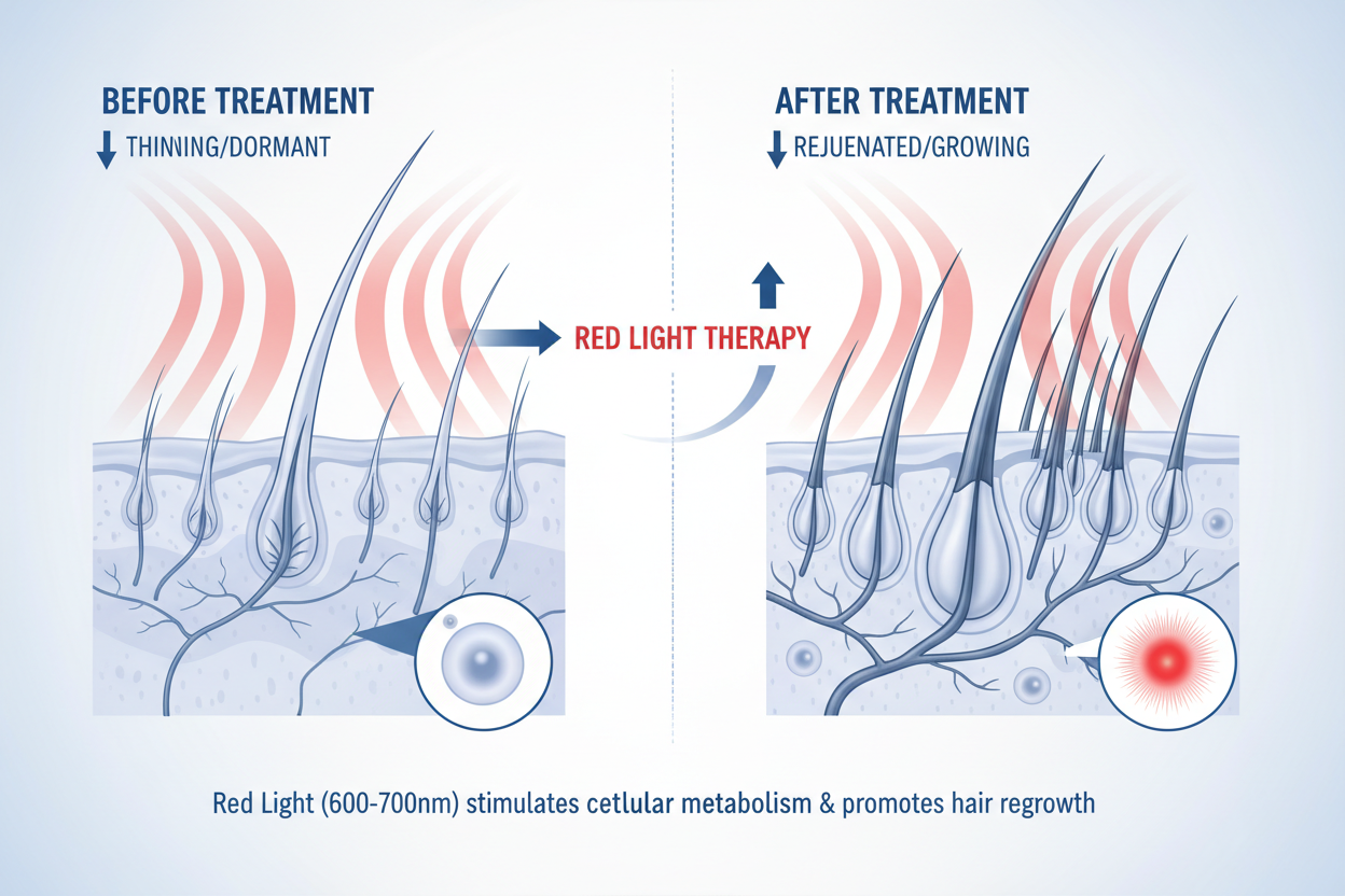 Generate a pictographic showing red light therapy regrows the hair follicles 