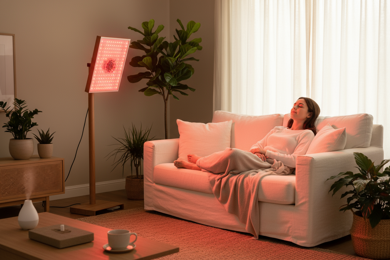 Have the model using red light therapy and it a wellness living room setting 